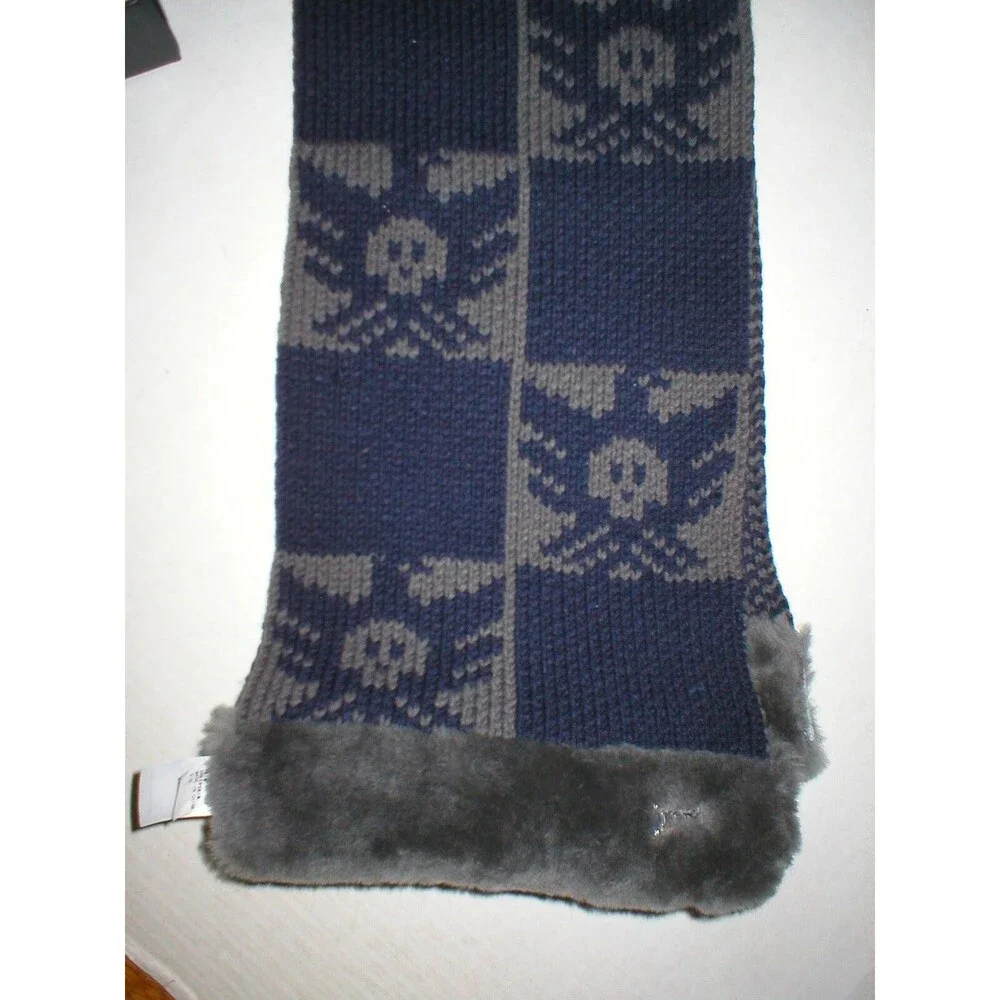 New 65 x 10 Australia Luxe Scarf Long Gray Blue Skull Dove Shearling Fur Womens - Picture 7 of 8